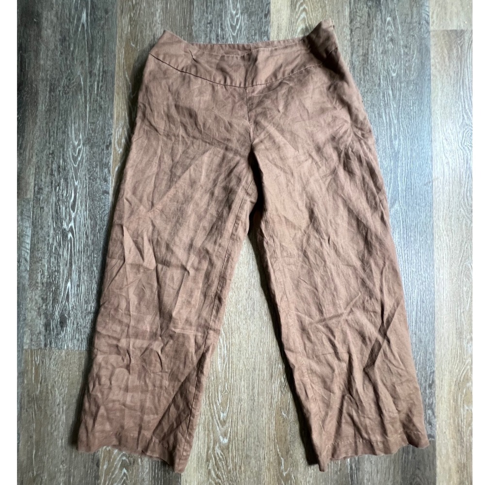 Nikki Valenti Linen Pants Women 10 Brown Wide Leg Irish Linen Lined Trousers